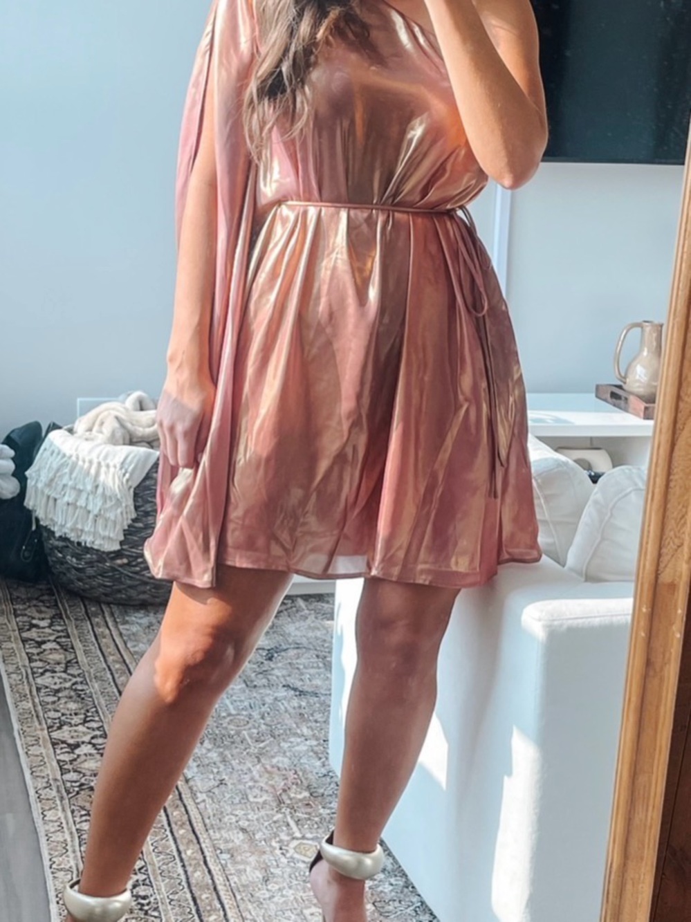 Michael Costello One-Shoulder Metallic Rose Mini Dress